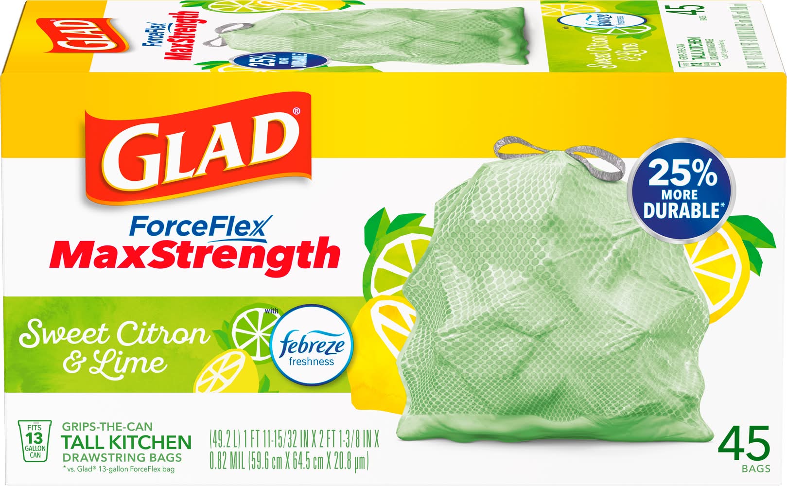 Glad Forceflex Maxstrength Tall Kitchen Drawstring Trash Bags, Green (45 ct)