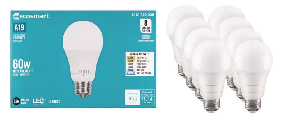 Ecosmart 60-Watt Equivalent A19 Dimmable Led Light Bulb With Selectable Color Temperature (8-Pack)