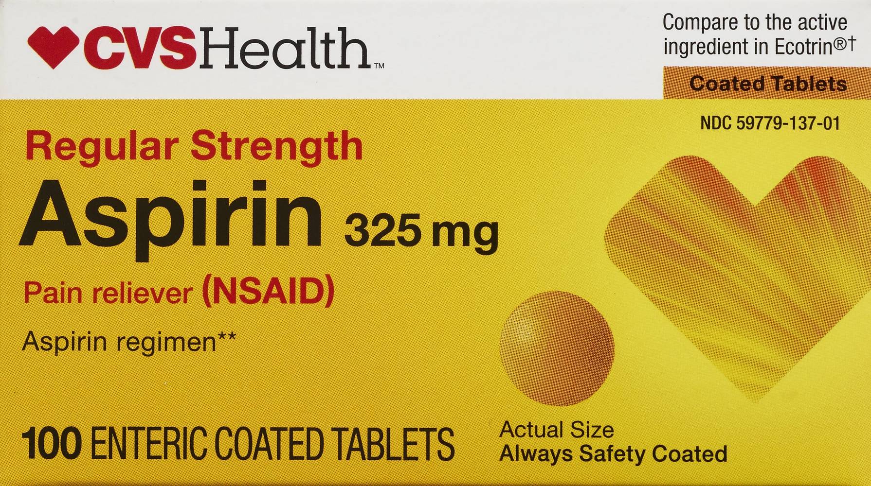 CVS Health Regular Strength Aspirin 325 MG Enteric Coated Tablets, 100 CT
