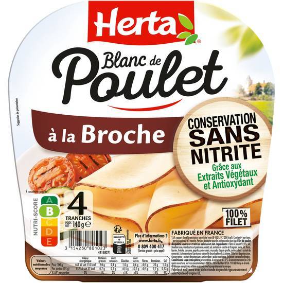 Blanc de poulet à la broche sans nitrite - herta - 140g