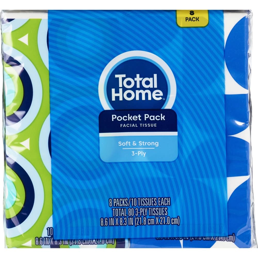 Total Home 10 Tissue Pocket Pack Facial Tissue, 8 Pk (80 Tissues Total)