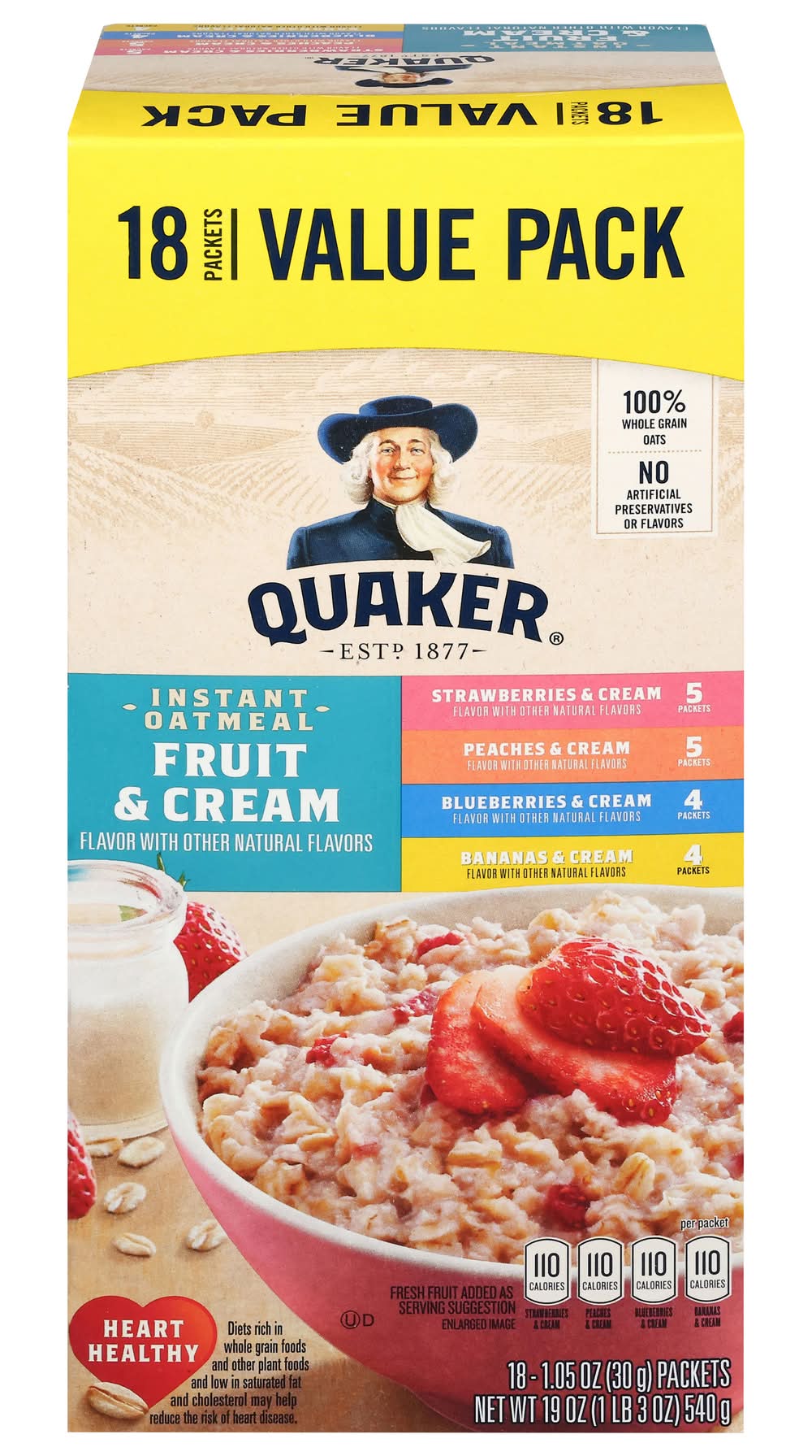 Quaker Instant Oatmeal Value pack, Strawberries & Cream-Peaches & Cream-Blueberries & Cream-Bananas & Cream (18 x 1.05 oz)