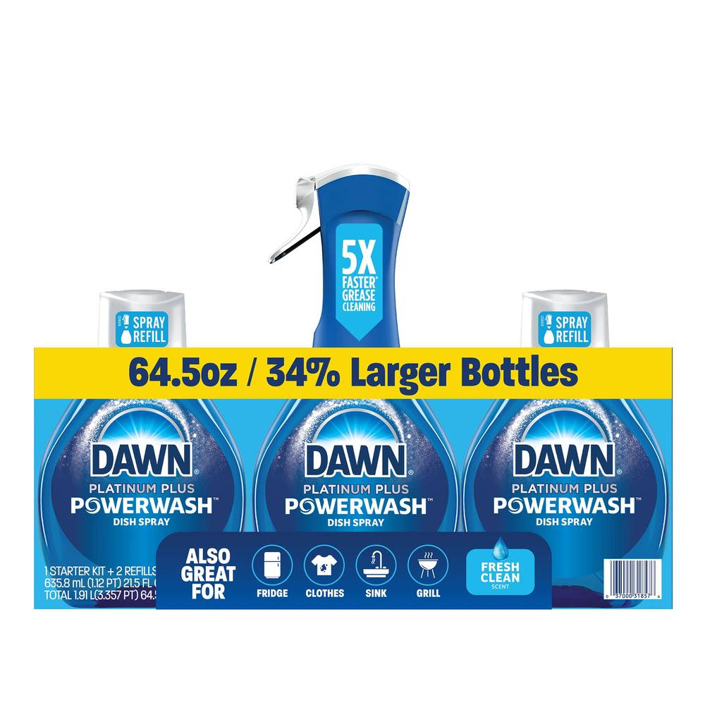 Dawn Platinum Plus Powerwash Dish Spray, Fresh Clean, 1 Starter Kit + 2 Refills