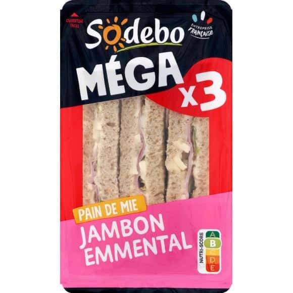 Sodebo Le Mega Club Complet Au Pain De Mie Complet Garni De Jambon Cuit Et D'Emmental Le Paquet De 3, 230G