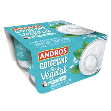 Dessert végétal lait de coco nature sans sucres ajoutés ANDROS - les 4 pots de 100g