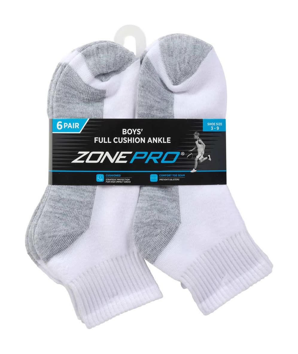 Zone Pro Boys Full Cushion Ankle Socks White 6 Pk