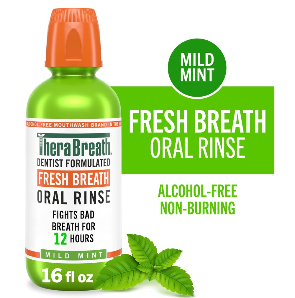 TheraBreath Dentist Formulated Fresh Breath Oral Rinse Alcohol Free Mouthwash, Mild Mint (16 fl oz)