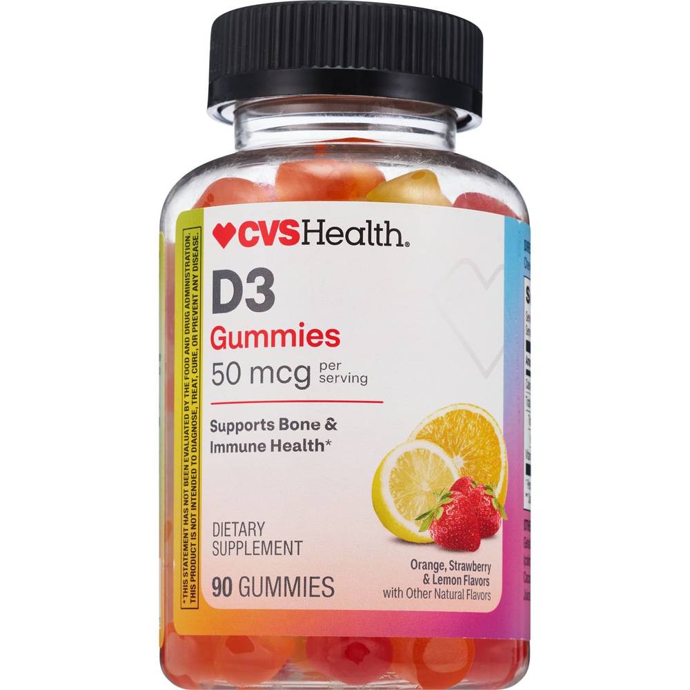 CVS Health Vitamin D3 Gummies For Bones and Immune Health 50 Mcg, Orange-Strawberry-Lemon