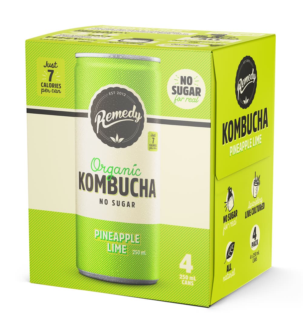 Remedy Organic No Sugar Kombucha, Pineapple-Lime (4 x 250mL)