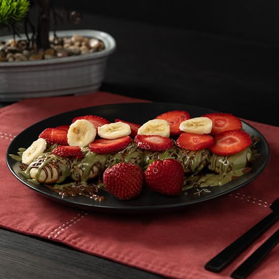 Strawberry Banana Dubai Chocolate Mini Pancakes