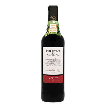 Vin Rouge Languedoc Roussillon IGP Pays d'OC Merlot L'HERITAGE DE CARILLAN MERLOT - la bouteille de 75cL