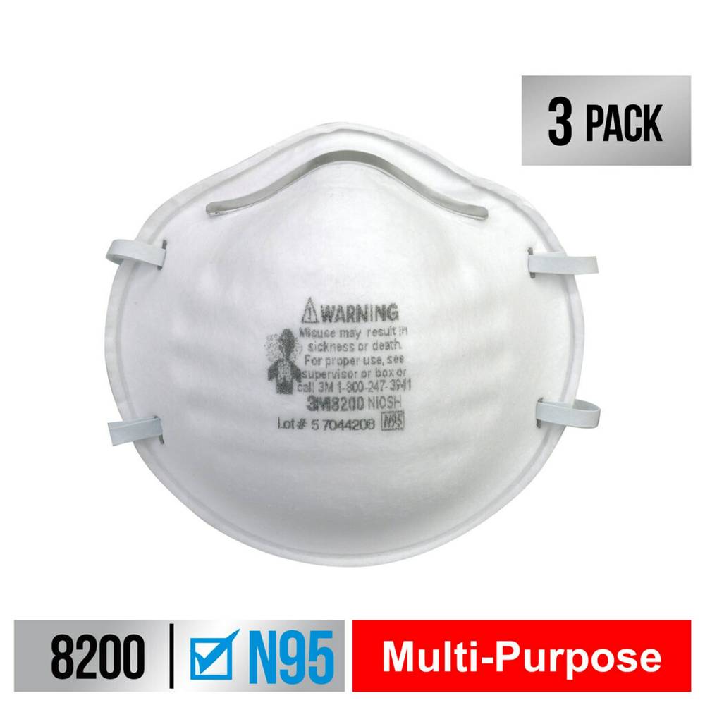 3M 3-Pack White Disposable N95 Painting, Sanding and Fiberglass Disposable Respirator | 8200H3-DC