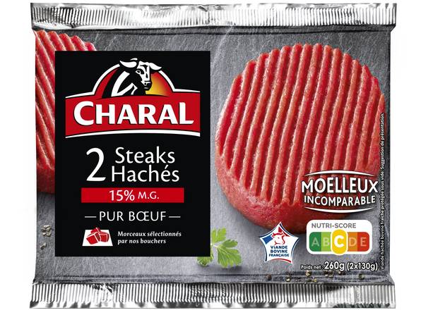 Charal - Steak haché 15% mg pur bœuf (2 pièces)