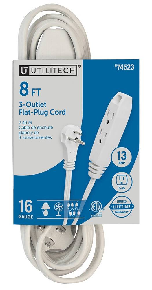 Utilitech Indoor 8-ft 16 / 3 3 Prong White Indoor SPT-2 Light Duty Flat Plug Extension Cord | UT930608