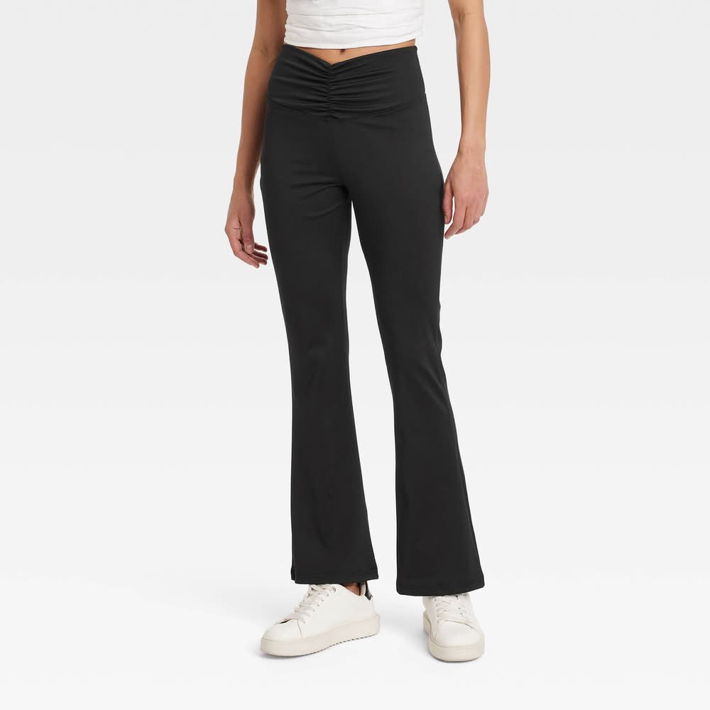 A New Day High Waisted Flare Leggings With Ruched Waistband, Women, L, Black