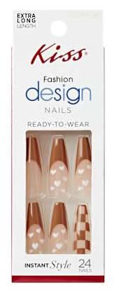 Kiss® Fashion Design Nails Extra Long Length 24-Pack Brown Check/Hearts