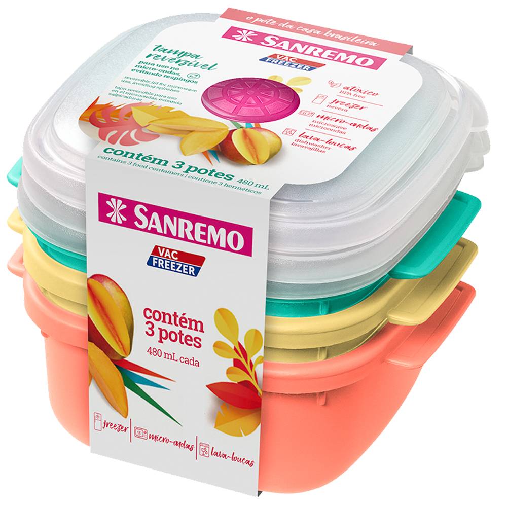 Sanremo conjunto de potes plásticos vac freezer coloridos (3x480ml)