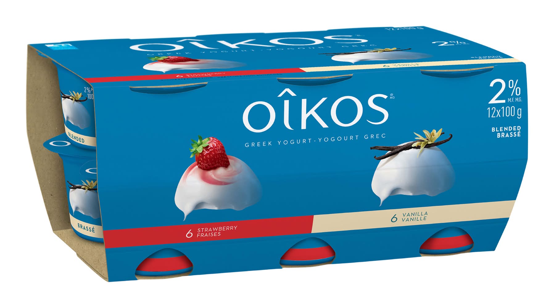 Oikos grec fraise vanille 2% (12x100 g) - vanilla strawberry greek yogurt 2% (12 x 100 g)