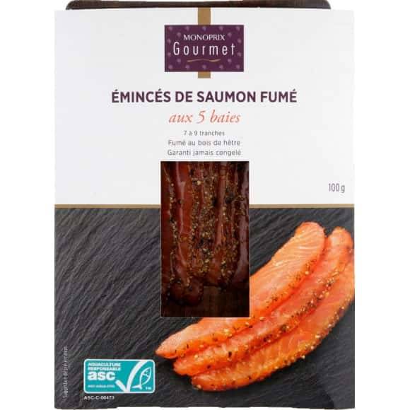 Monoprix Gourmet Eminces Saumon Fume Aux 5 Baies Atlantique Le Paquet De 100G