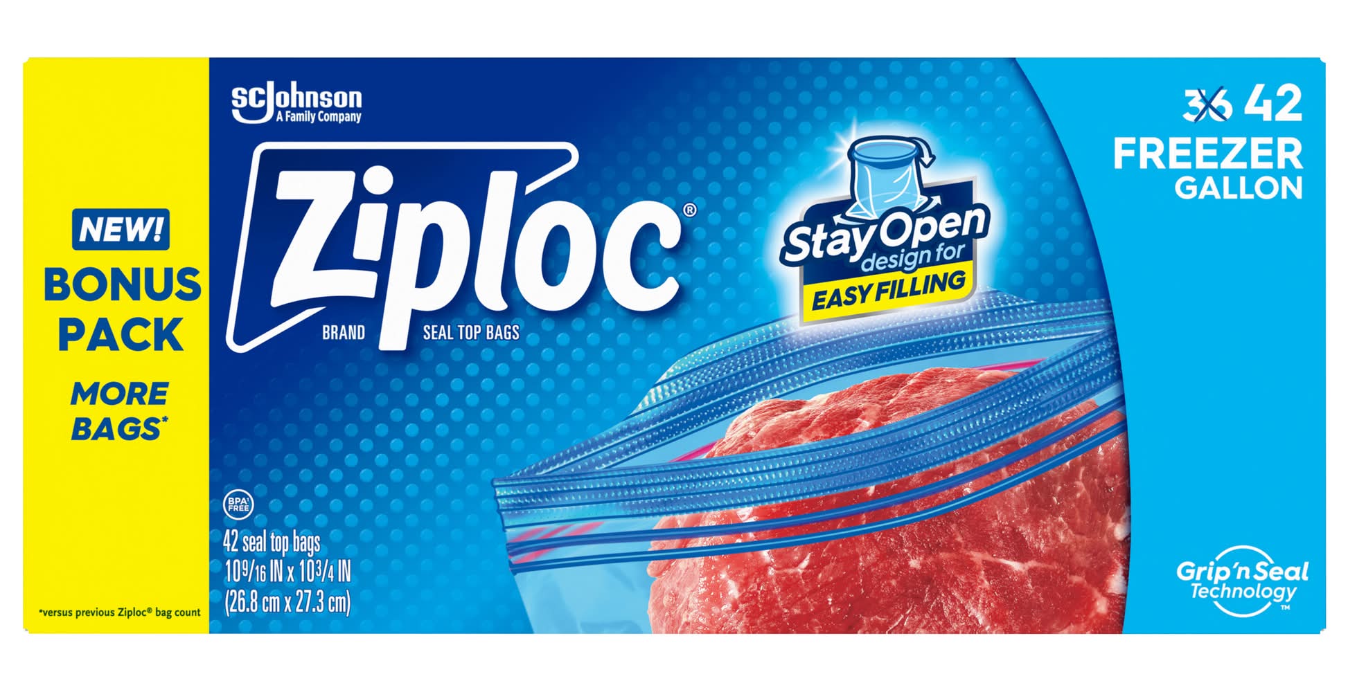 Ziploc Freezer Storage Seal Top Bags, 26.8x27.3 cm (42 ct)