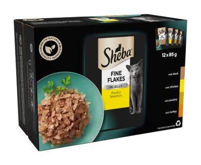Sheba Duck-Chicken-Poultry-Turkey, Adult, Fine Flakes Meat Selection in Jelly Wet Cat Food (12 x 85g)