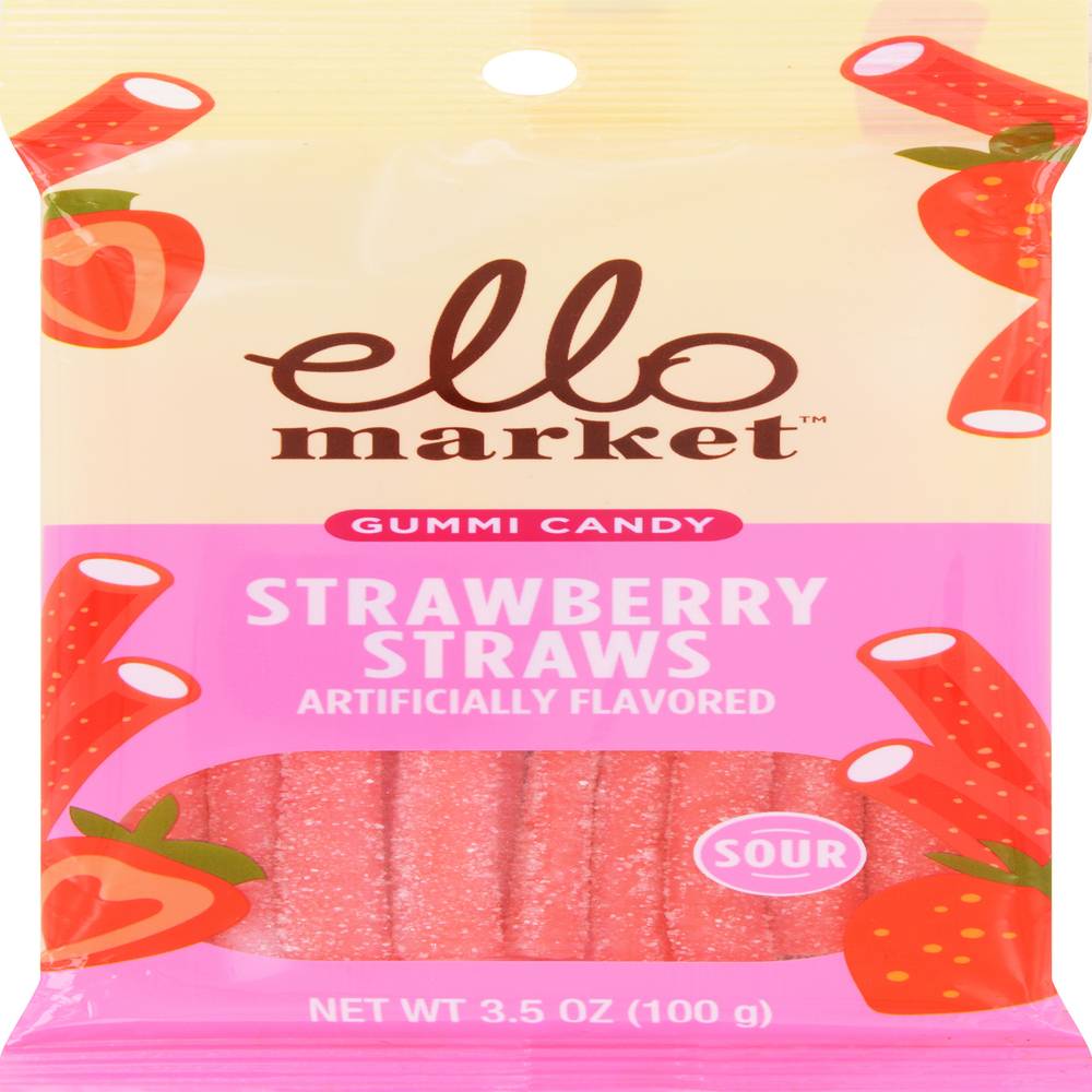 Ello Market Sour Straws Gummi Candies, Strawberry (3.52 oz)