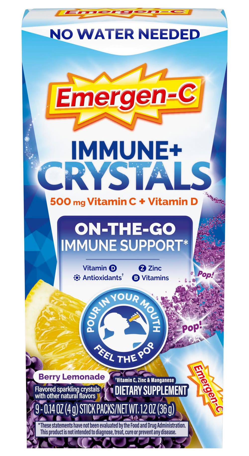 Emergen-C Immune+ Crystals On-The-Go Support Supplement, Berry-Lemonade (36 g, 9 ct)