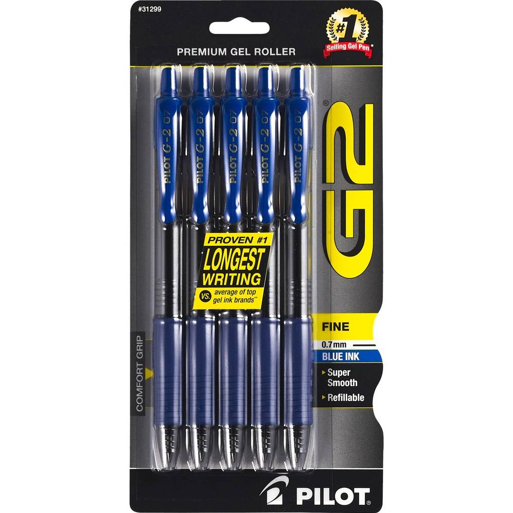 Pilot G2 Fine Point Rolling Ball Gel Pens, Blue Ink, 5 ct