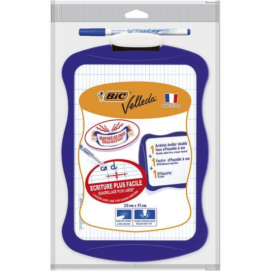 Bic velleda ardoise ecolier double face effaçable à sec (21x31 cm) avec feutre effaçable à sec et effacette - coloris aléatoires, lot de 1