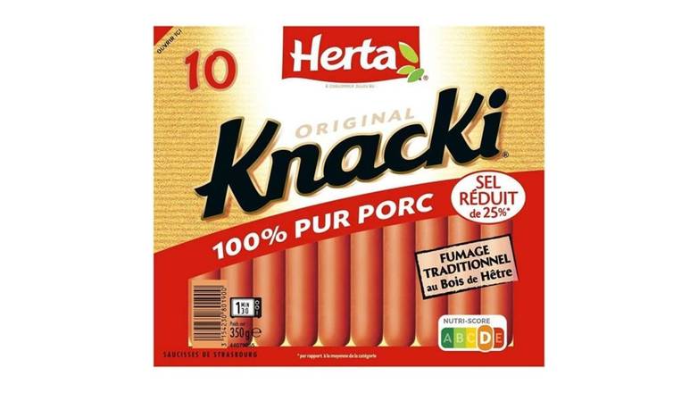 Herta Knacki Saucisses 100% pur porc sel réduit Le paquet de 10