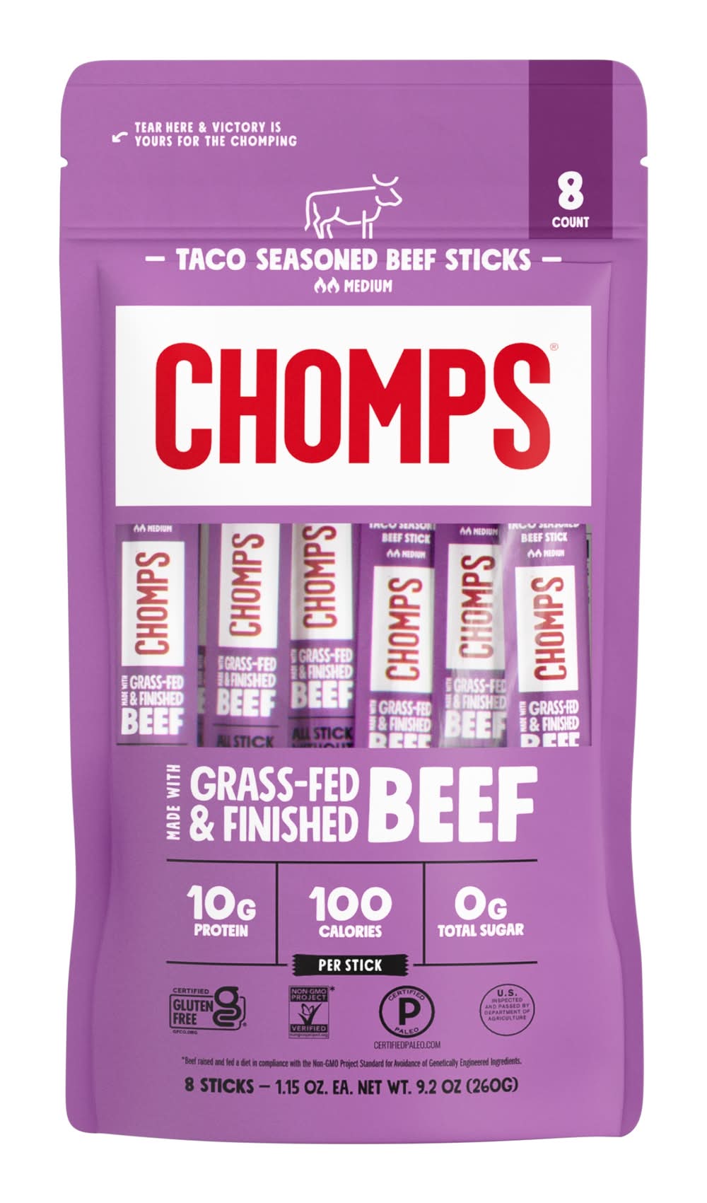 Chomps Snack Sticks, Taco Seasoned Beef (8 x 1.15 oz)