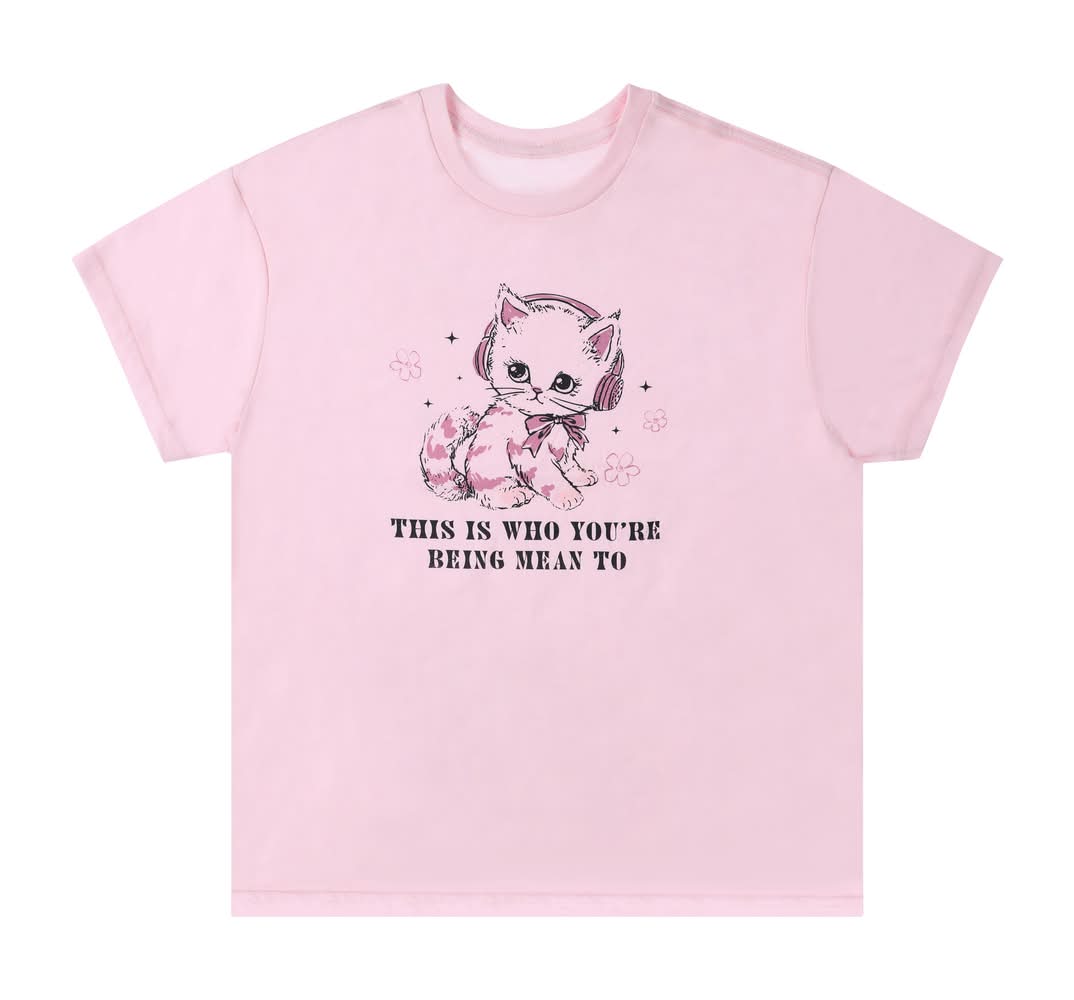 Cute Kitty Personality Graphic Tee Large Pink