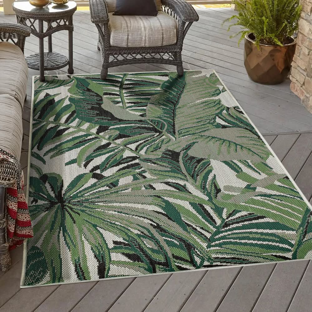 allen + roth Palm Leaf Polypropylene Green Rectangular Outdoor Tropical Area Rug, 5x7 ft, Green