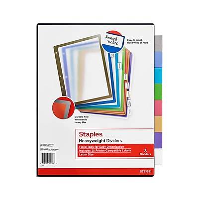 Staples Better Print & Apply Label Plastic Dividers, 8-Tab, Assorted Colors, Set (23281)