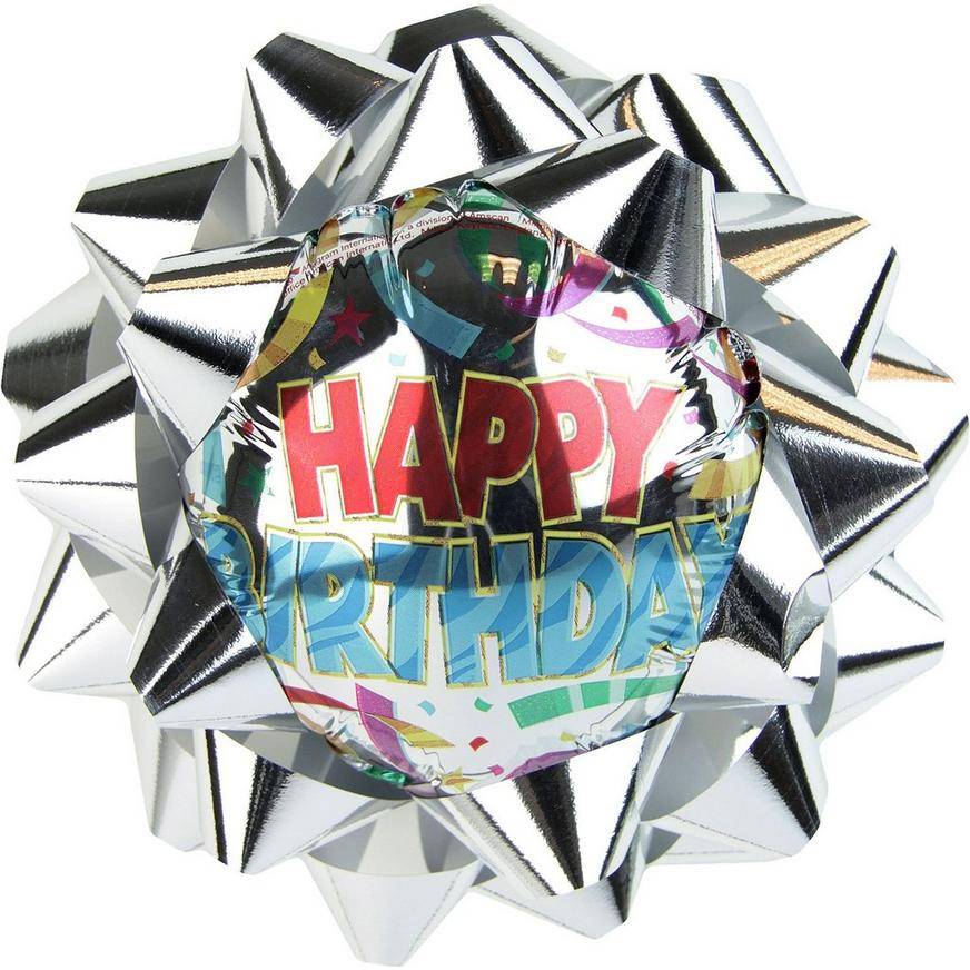 Party City Happy Birthday Balloon Gift Bow, Silver