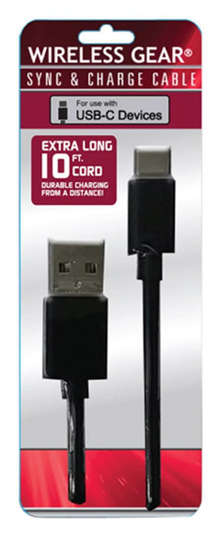 Wireless Gear Usb-C Sync & Charge Cable, 10 ft, Black