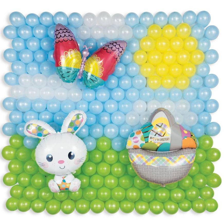 Uninflated Air-Filled Easter Bunny, Basket Butterfly Foil Latex Balloon Backdrop Kit, 6.25ft x 5.9ft