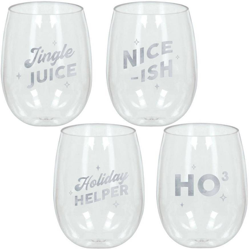 Funny Phrases Christmas Stemless Plastic Wine Glasses, 15oz, 4pc