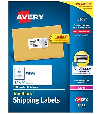 Avery TrueBlock Laser Shipping Labels, 2 x 4, Matte White, 1000 Labels/Box (5163)