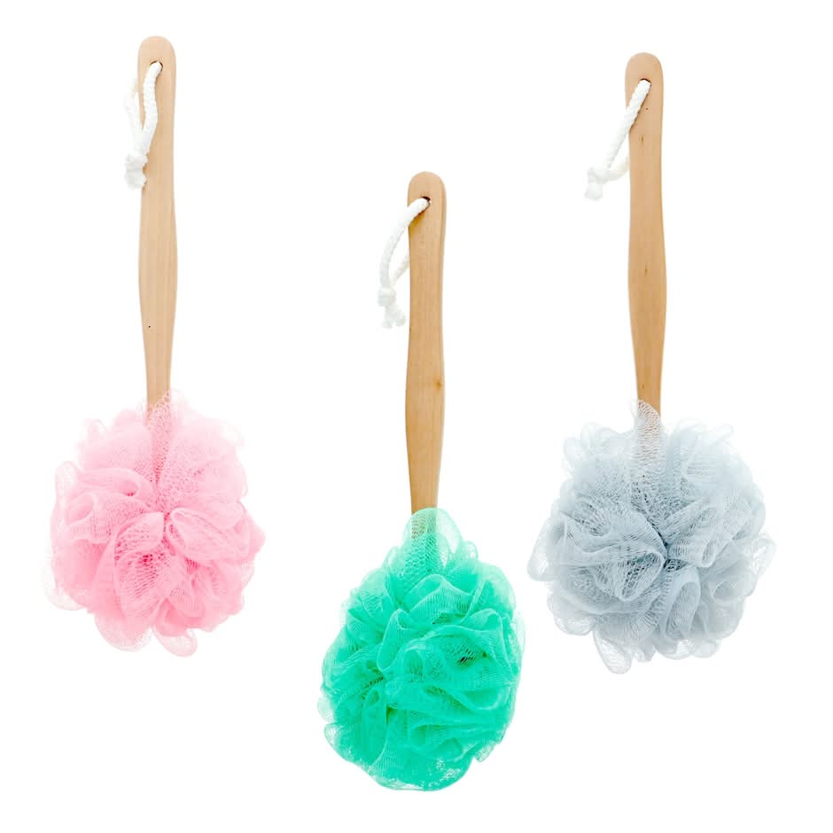 April Bath and Shower Bath Puff With Wooden Handle, Pink-Green-Grey (3 pack)