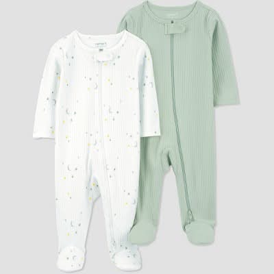 Carter's Just One You Baby Sleep N' Play Cotton Blend Footed Pajamas, Green-Ivory (2 ct)