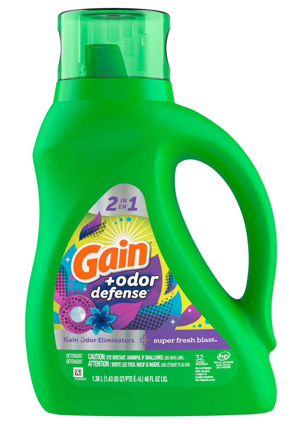 Gain +Odor Defense 2 in 1 Laundry Liquid Detergent, Super Fresh Blast (46 fl oz)