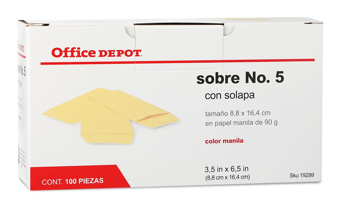 Office Depot · Sobres no. 5 con solapa engomada, 8.8x6.5 cm (100 un)
