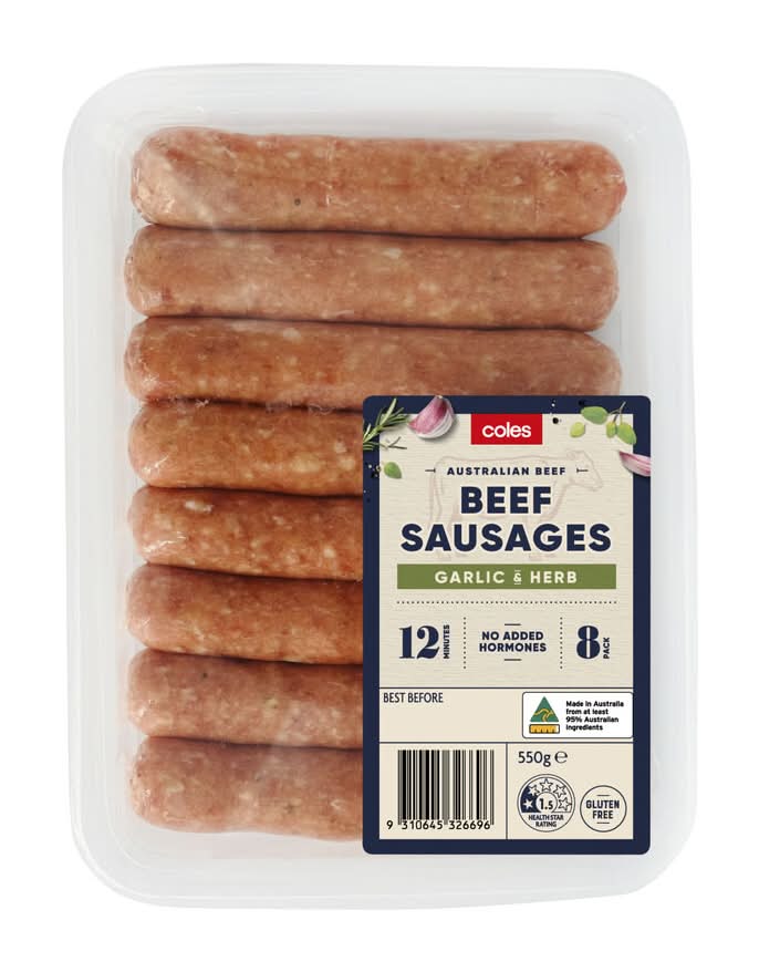 Coles Australian Beef Sausages, Garlic & Herb (550g, 8 pack)