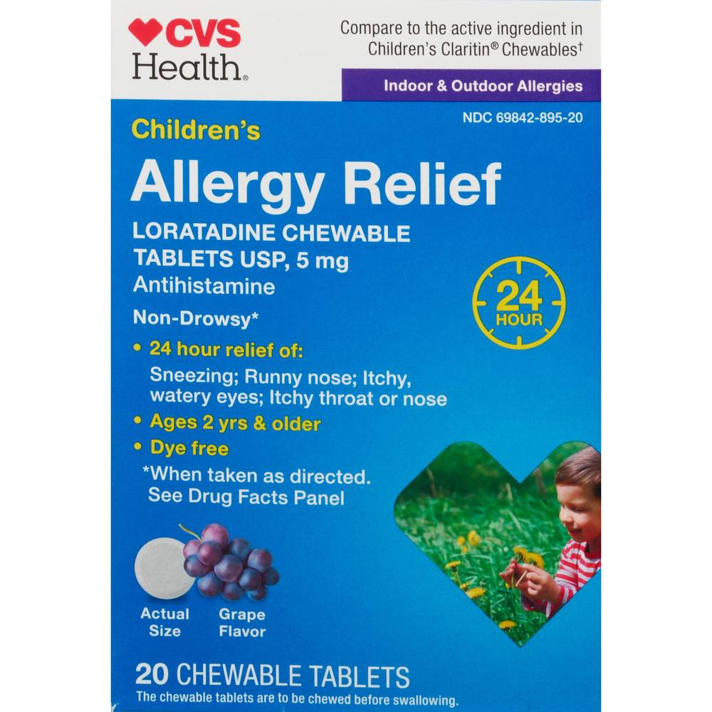 CVS Health Children's Allergy Relief Non-Drowsy Loratadine 5mg Chewable Tablets USP, Grape, 20 CT