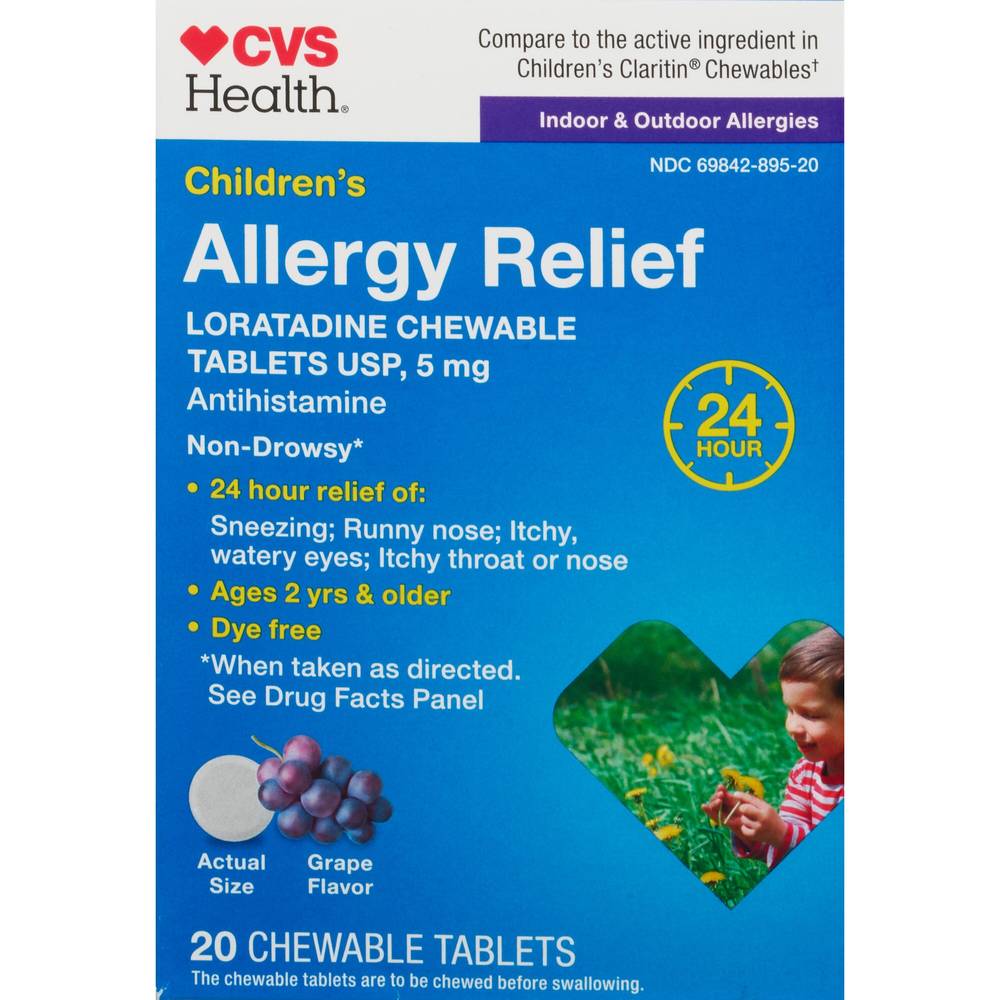 Cvs Health Children'S Allergy Relief Non-Drowsy Loratadine 5Mg Chewable Tablets Usp, Grape, 20 Ct