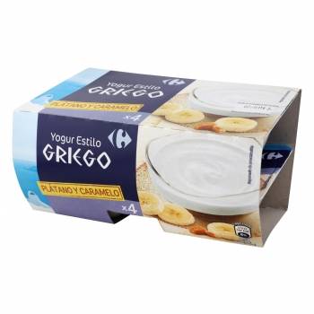 Yogur estilo griego sabor plátano y caramelo Carrefour sin gluten pack de 4 unidades de 125 g.