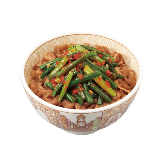 ニンニクの芽牛丼　Beef Rice Bowl(Gyudon) w/ Chili Garlic Sprout