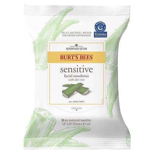 Burt's Bees Sensitive Facial Cleanser Towelettes and Makeup Remover Wipes with Aloe Extract - 30.0 ea