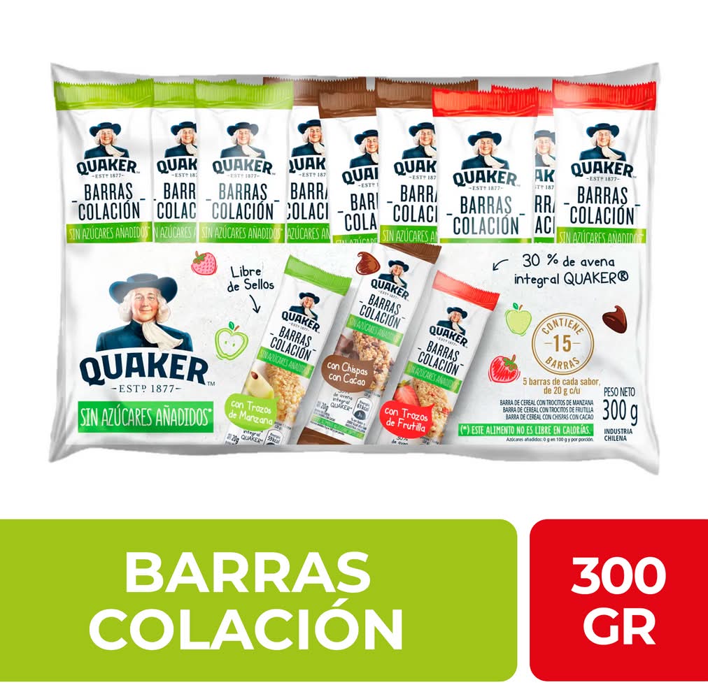 Quaker · Barras de cereal colación - Manzana-Chispas De Chocolate-Frutilla (15 un)